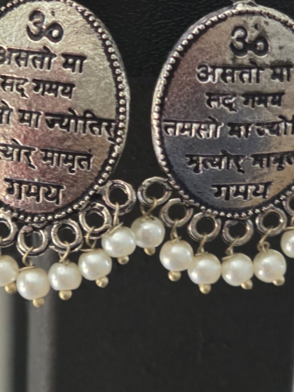 New Oxidized Silver Jhumka Earrings 3-Pc Bollywood Om Mantra Set